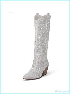 Rhinestone Mid Calf Western Boots Sparkly Block Heel Cowboy Boots